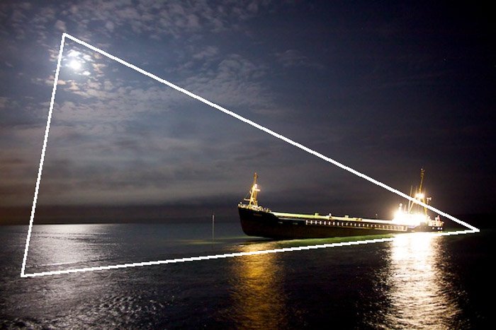 Una imagen de un barco en el mar por la noche con un triángulo de composición superpuesto: reglas de composición fotográfica