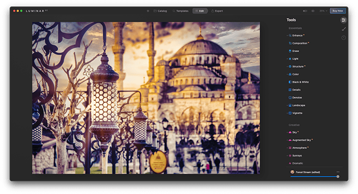 Captura de pantalla del complemento Luminar AI Photoshop