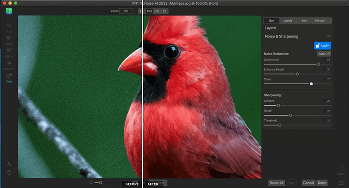 Captura de pantalla del complemento de Photoshop ON1 No Noise