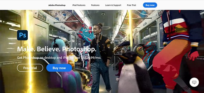Captura de pantalla del sitio web de Adobe Photoshop