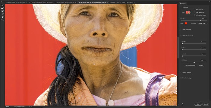 Captura de pantalla de la eliminación del fondo de un retrato en Photoshop