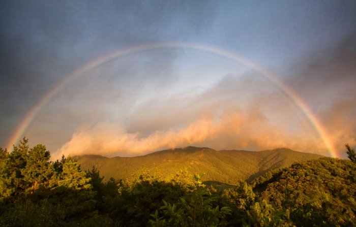 Un hermoso paisaje con un arco iris completo arriba - consejos de fotografía de arco iris