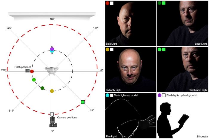 Diagrama que muestra la posición relativa de la luz, la cámara y el modelo para crear algunas de las configuraciones de iluminación más comunes utilizadas en la fotografía de retratos de estudio.