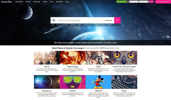 Una captura de pantalla de la página de inicio de Dreamstime: venda fotos en línea a agencias de valores