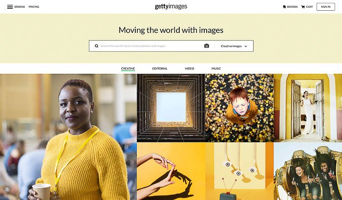 Una captura de pantalla de la página de inicio de Getty Images: venda fotos en línea a agencias de valores