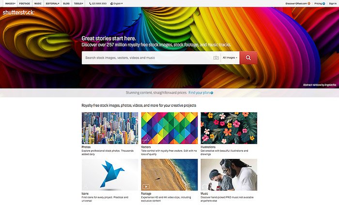 Una captura de pantalla de la página de inicio de Shutterstock: venda fotos en línea a agencias de valores