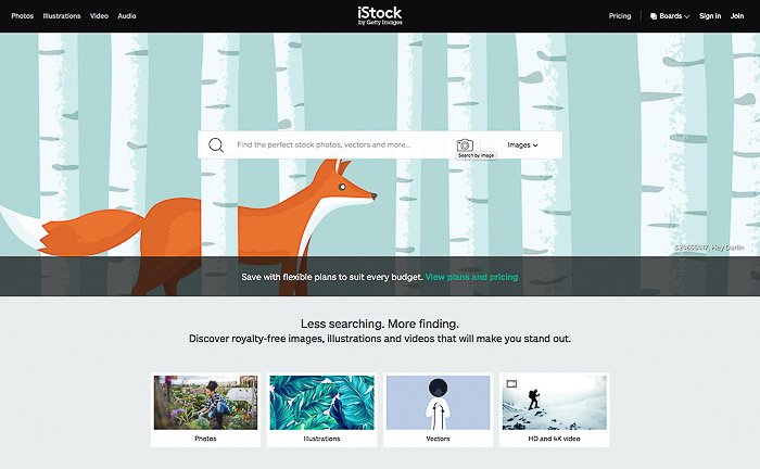 Una captura de pantalla de la página de inicio de iStock Photos: venda fotos en línea a sitios web de stock