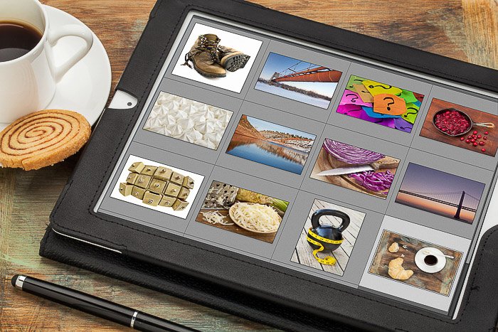 Una tableta con fotos de archivo en la pantalla