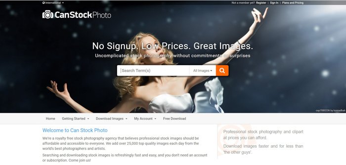 Captura de pantalla de la página de inicio del sitio web de fotos de Can Stock