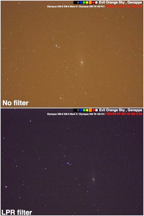 Díptico que compara intentar fotografiar la galaxia de Andrómeda bajo un cielo muy contaminado con y sin filtro LPR.