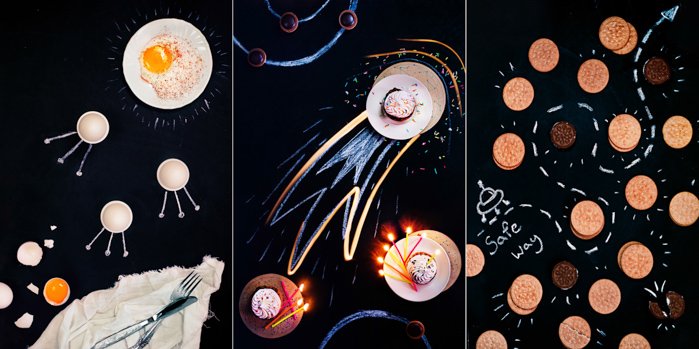 Tríptico de ideas de fotografía de bodegones de arriba de fotografía de comida divertida sobre fondo oscuro con dibujos de tiza