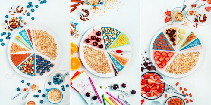 Fotografía cenital de fotografía divertida de comida sobre fondo blanco: un gráfico circular de cereales y frutas