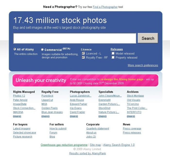 Una captura de pantalla del sitio web de la agencia de fotografía de stock de Alamy
