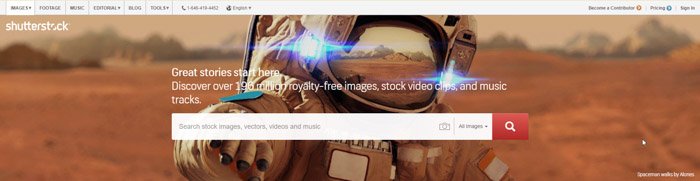 una captura de pantalla del sitio web de fotografía de stock de Shutterstock