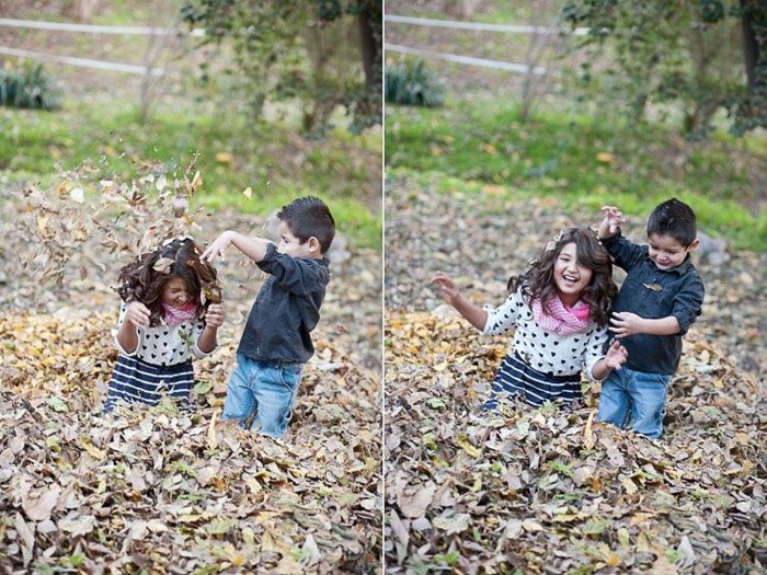 retrato díptico de dos niños jugando en hojas demostrando buenas maneras de fotografiar a niños rebeldes