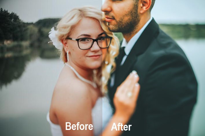 Un antes y un después de la edición a pantalla partida de un retrato de boda
