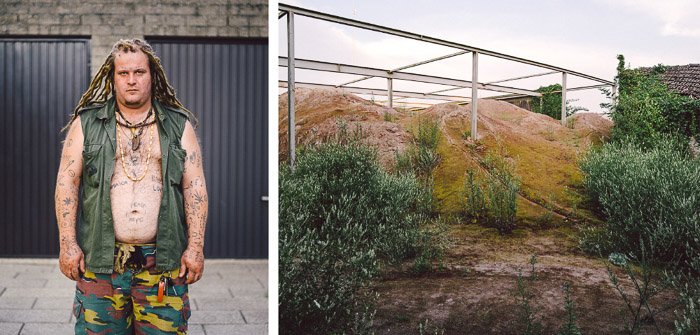 Un díptico de un hombre posando afuera de un cobertizo galvanizado y un área de jardín, de un proyecto documental personal sobre una comunidad de vivienda social en Bélgica.