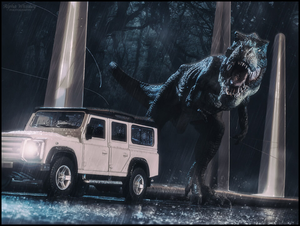 T-rex con carro blanco