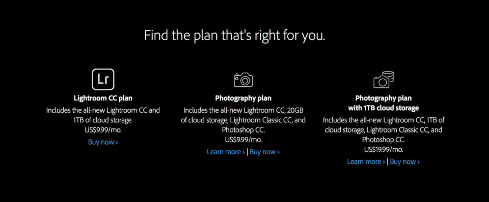 Planes de compra de Adobe para Lightroom