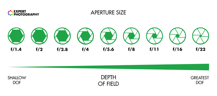 Diagrama que explica la profundidad de campo y los tamaños de apertura.