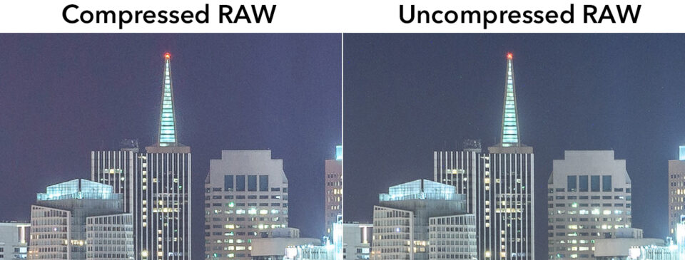 Esta comparación muestra una imagen RAW comprimida junto a una imagen RAW sin comprimir.  El RAW comprimido tiene artefactos notables que dañan la calidad de la imagen.