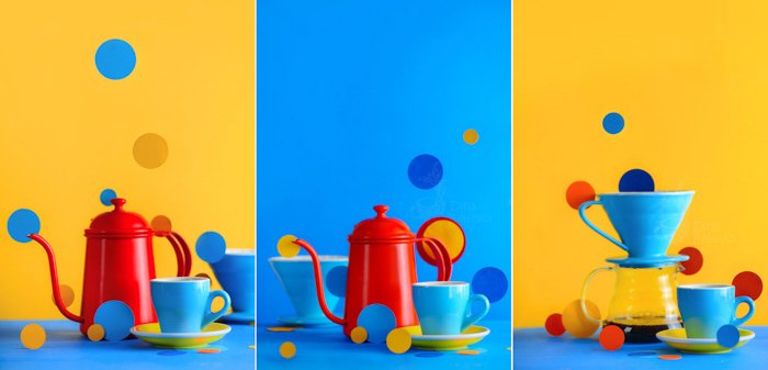 Un divertido tríptico de bodegones temáticos de utensilios de cocina con énfasis en colores contrastantes azul y amarillo.