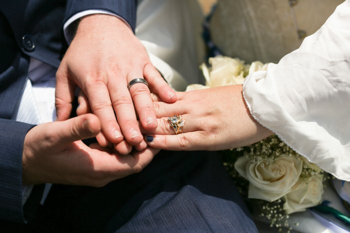 Primer plano retrato de boda del novio sosteniendo la mano de la novia - guía de fotografía de eventos