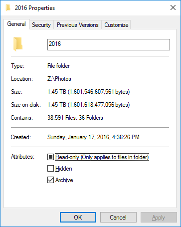 Propiedades de carpeta para necesidades de almacenamiento