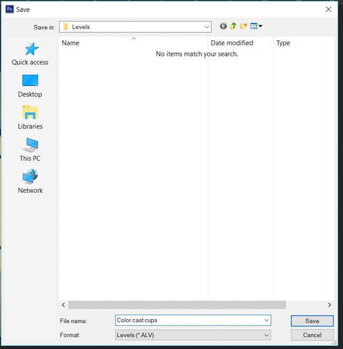 Una captura de pantalla que muestra cómo hacer la corrección de color en Photoshop con una tarjeta gris: guardar el ajuste preestablecido