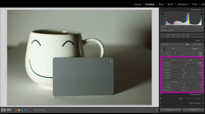 Una captura de pantalla que muestra cómo usar una tarjeta gris para la corrección de color en Lightroom