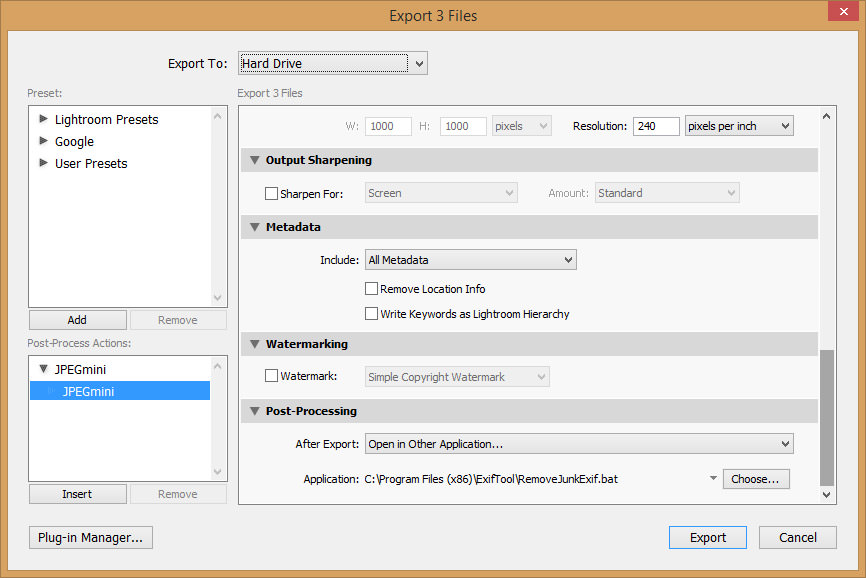 Exportación del complemento JPEGmini Lightroom