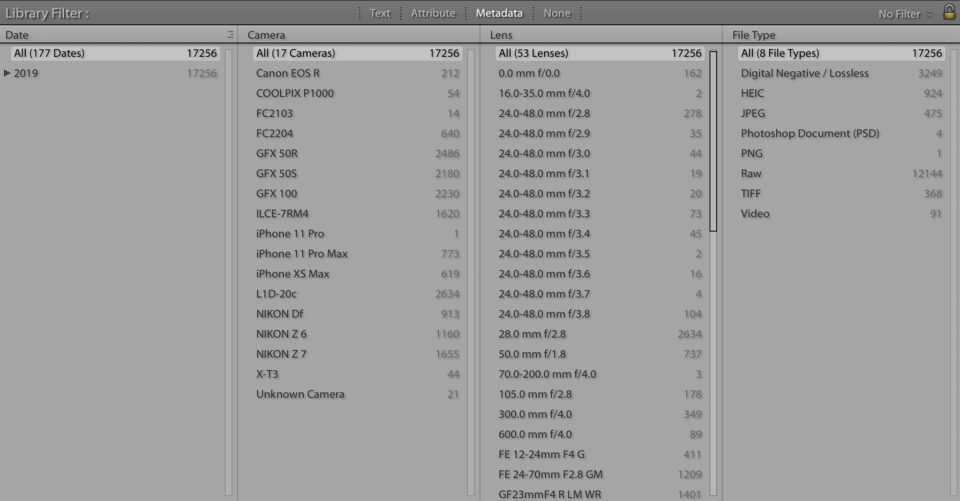 Barra de filtro de Lightroom
