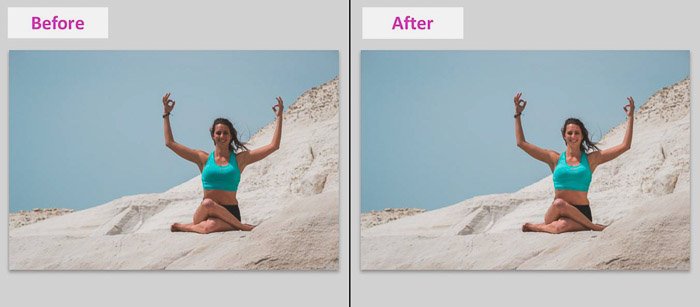 Una captura de pantalla que muestra cómo eliminar las sombras locales con las herramientas básicas de Lightroom: foto de antes y después de una modelo femenina en una playa