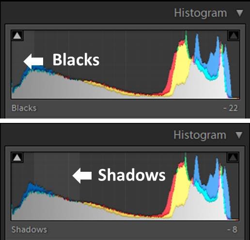Captura de pantalla del histograma de Lightroom: uso de sombras y negros en Lightroom