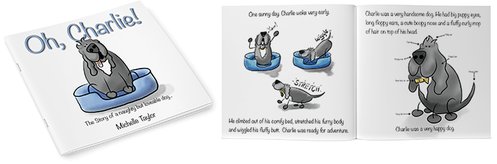 Portada y maquetación del libro infantil Oh, Charlie!