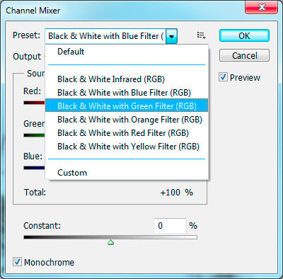 Ajustes preestablecidos del mezclador de canales de Photoshop Ajustes preestablecidos del mezclador de canales de Photoshop