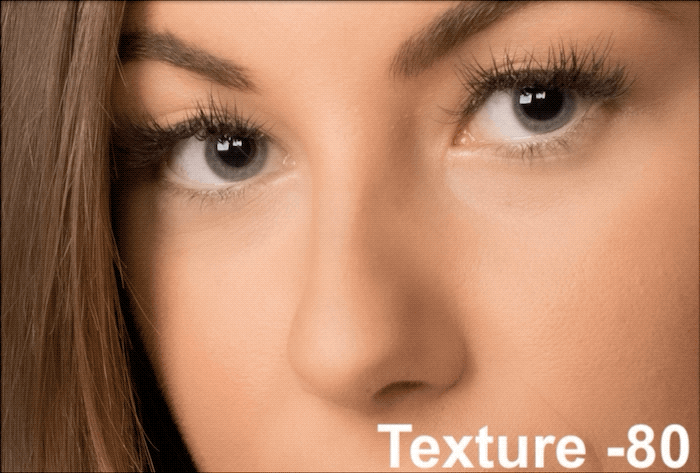 Gif animado que muestra los efectos del control deslizante de control de texturas de Lightroom en un retrato de cerca de una modelo femenina