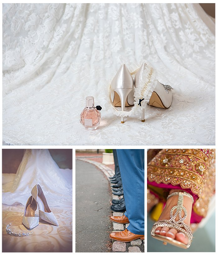 Fotografía de los detalles de la boda: collage de fotos de zapatos de boda