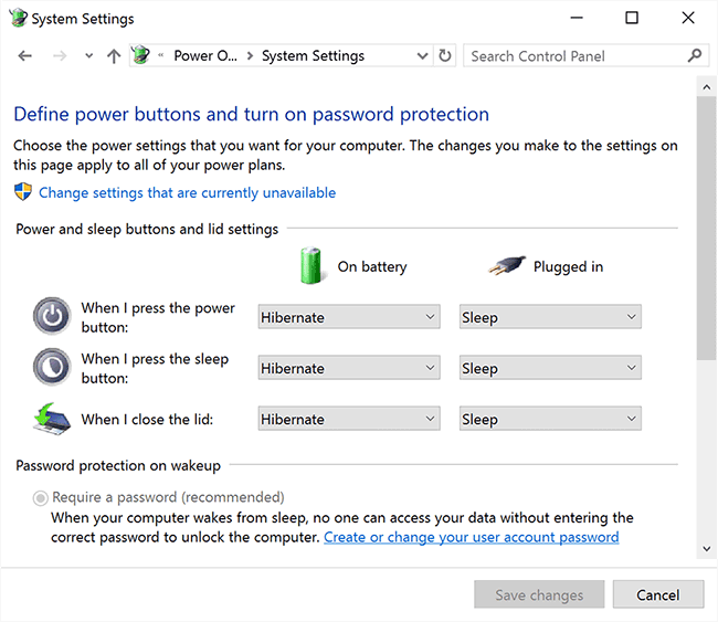 Opciones de energía de Surface Book Windows 10