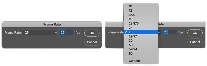 timelapse en photoshop: una captura de pantalla de cómo seleccionar una velocidad de fotogramas en photoshop