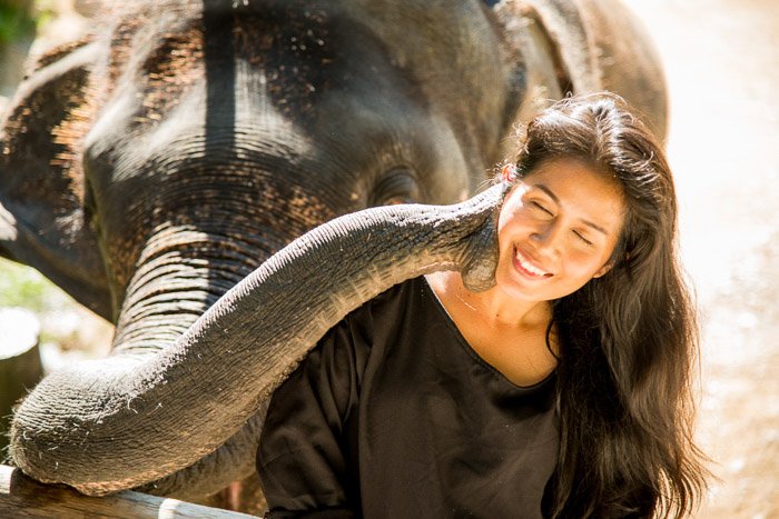 Una fotografía de retrato al aire libre de una niña junto a un elefante