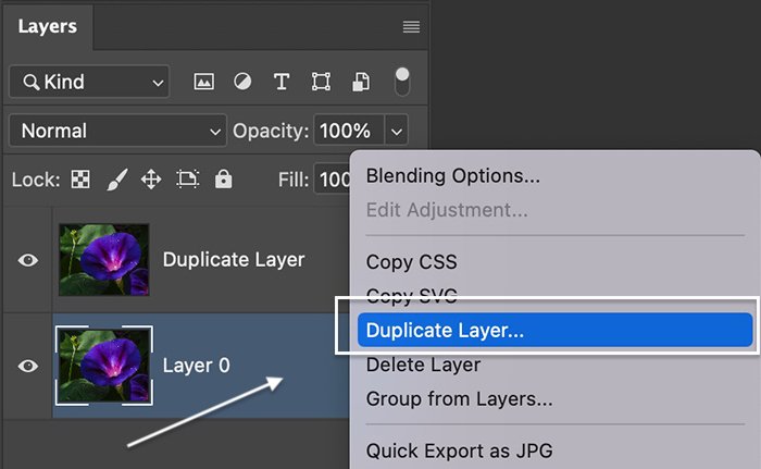 Captura de pantalla de la creación de una capa duplicada para la herramienta Desenfoque en Photoshop