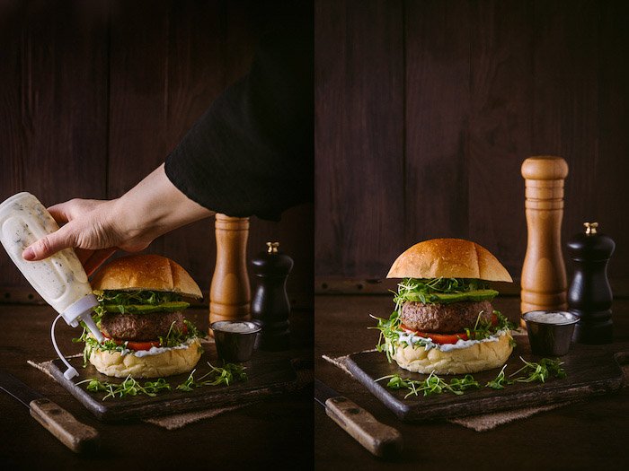 Un díptico de estilismo de una sesión de fotos de hamburguesas rústicas