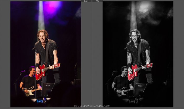 Fotografías en díptico de un guitarrista en el escenario antes y después de la edición de fotografía del concierto en lightroom