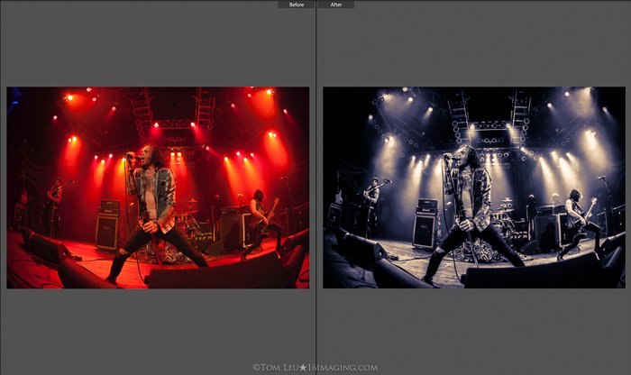 Fotos de díptico de un cantante en vivo en el escenario antes y después de la edición de fotografía del concierto en lightroom