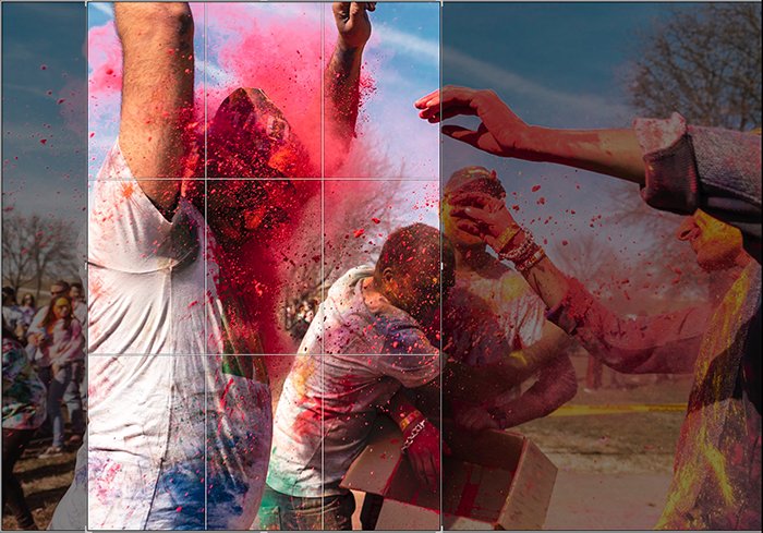 Recortar una foto de pintura arrojada a la cara de un bailarín en un festival Holi local en Lightroom