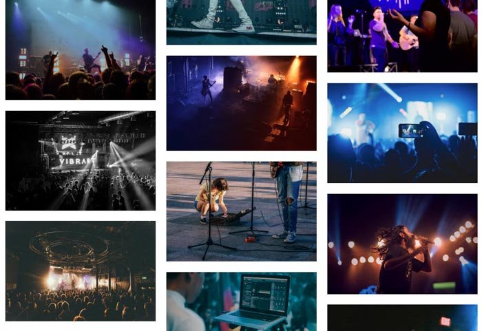 Una cuadrícula de tomas fotográficas de conciertos en vivo.