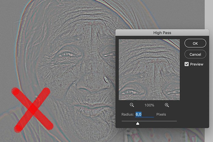 Una captura de pantalla que muestra cómo usar el filtro de paso alto en Photoshop