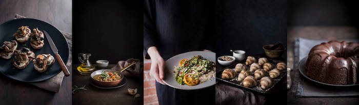 Fotografía de comida 5 collage de fotos que muestra diferentes platos de comida sobre un fondo oscuro.