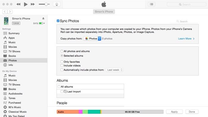 captura de pantalla del uso de iTunes para transferir fotos hacia y desde su iPhone.